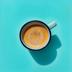 cup of coffee shot from above on vibrant turquoise background, showcasing rich texture and color of brew. image evokes sense of warmth and comfort
