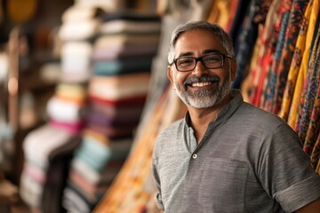 Fototapeta premium Smiling Indian fabric store owner standing in shop with colorful fabrics, natural lighting
