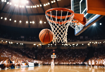 Basketball soaring through the hoop in an exciting indoor arena atmosphere
