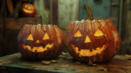 close up of carved halloween pumpkins on table