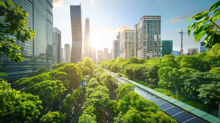Fototapeta premium A green urban landscape where sustainable urban planning has created walkable streets, energy-efficient buildings, and renewable energy grids