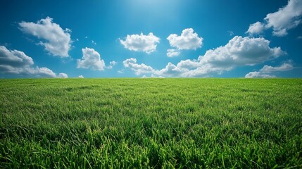 Obraz premium A vast green field stretches out under a bright blue sky with fluffy white clouds.