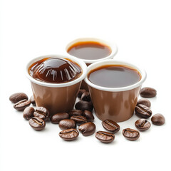 Rich coffee pods and brewed coffee surrounded by roasted coffee beans create delightful scene. glossy surface of pods reflects light, enhancing inviting aroma of fresh coffee