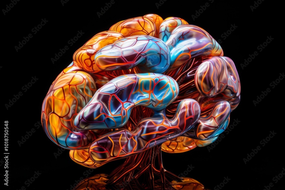 Poster capture a surreal, detailed high-angle view of a psychedelic-inspired brain sculpture, symbolizing c