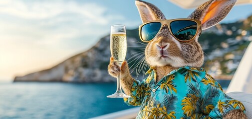 Cool rabbit in sunglasses and a tropical shirt, holding a champagne glass on a yacht, perfect for luxury lifestyle, vacation branding, or playful fashion ads