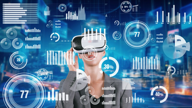 Woman pressing start opening VR analyze financial business at office uploading transform to interface digital infographic network technology virtual 3d animation meta programing at front. Contraption. - Powered by Adobe