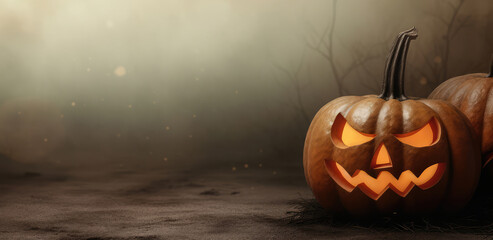 Halloween pumpkin with a scary luminous face design with copy space on a fog smoke dark background.