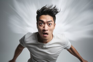 Capture an Asian man in a dynamic, cinematic pose from a tilted angle, focusing on his intense expression, against a clean white backdrop for a dramatic film-like effect.