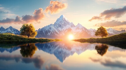 Fototapeta premium The sun dips below the horizon, casting a warm glow on a mountain range, its peaks mirrored in the tranquil waters of a secluded lake.