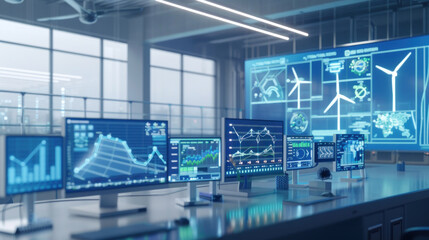 A high-tech renewable energy control room, managing wind, solar, and hydropower grids in a clean, futuristic environment. Modern and innovative design.