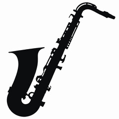 A black silhouette of a saxophone,