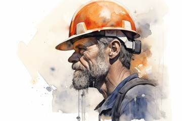 Craft a detailed portrayal of a seasoned construction worker in profile, symbolizing wisdom and tenacity amidst challenges Opt for a watercolor representation,