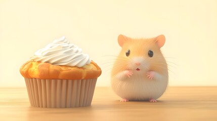Cute 3D Hamster Sitting Beside a Delicious Dessert