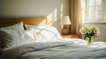 Obraz premium Sunlit Bedroom, A tranquil bedroom bathed in warm sunlight. A neatly made bed with a wooden headboard.