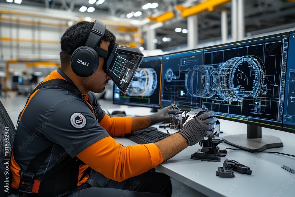 Poster Realistic depiction of reverse engineering an aerospace component, with engineers using high-tech tools to measure and document each part for reconstruction