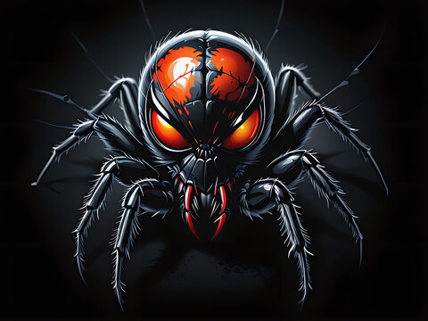 Graphic Design T-Shirt: Menacing Black Widow Spider on Dark Black Background