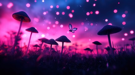 A vibrant sunset paints the sky with an array of hues, illuminating a fantastical landscape where creatures with shimmering wings soar above a field of glowing mushrooms.