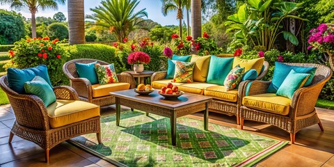 Obraz premium Elegant Lanai Patio Furniture Set for Outdoor Relaxation and Entertaining in a Beautiful Garden Setting