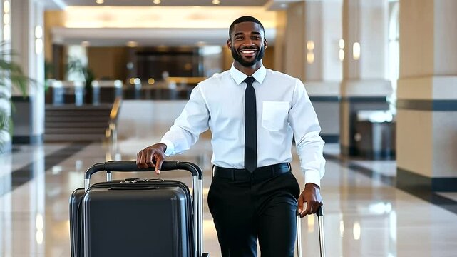 smiling bellboy pushing a cart with guest suitcases through a hotel, emphasizing his cheerful attitude and commitment to guest service. Suitable for visuals focusing on hotel operations