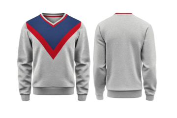 Gray men's sweatshirt with v-neck in blue, red and white on front and back. Transparent background