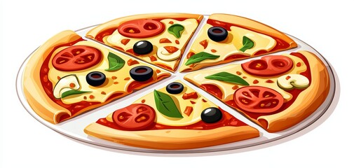 Delicious pizza with sliced vegetables and olives, isolated on white background, vibrant colors and textures, ideal for fast food branding or packaging designs