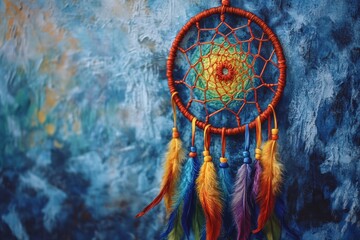 Craft a photorealistic oil painting of a dreamcatcher intricately weaved with rainbow ribbons to represent LGBTQ inclusivity in native cultures.