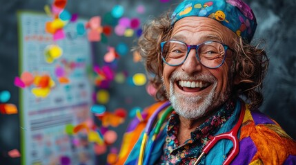 Cheerful doctor celebrating with colorful confetti at a festive event in a clinic setting during daytime