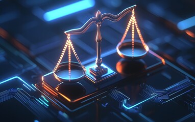 Digital scales of justice on a high-tech interface, sleek and metallic design, illuminated in cool blue tones, ideal for legal innovation or data protection visuals