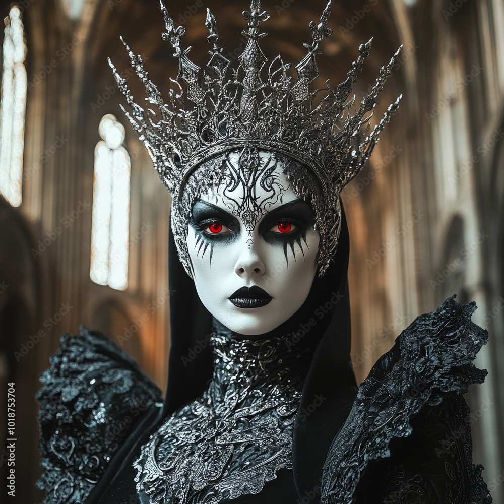 Sticker portrait of an elegant dark priestess with black and white porcelain makeup, wearing an ornate silver metal crown