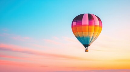 Obraz premium A lone hot air balloon floats gently through the sky, its colorful silhouette illuminated by the warm glow of a setting sun, as if it were a part of a whimsical dream.