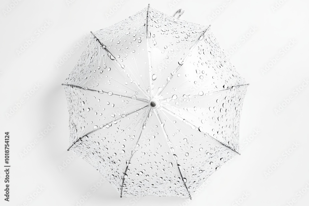 Poster craft a top-down perspective of a transparent umbrella with glittering water droplets, capturing lig