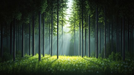 The soft light of dusk bathes a quiet forest, the trees standing tall and silent, the air filled with the stillness of twilight.