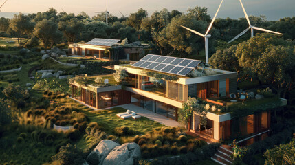 A luxury home powered entirely by renewable resources, featuring sleek solar panels, wind turbines, and energy-efficient systems. Clean, modern design.