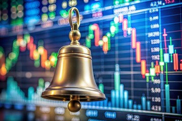 Golden bell in focus with stock market chart representing market opportunities