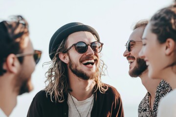 Craft an image of a laughter-filled gathering with a happy man and friends, radiating joy in a social scene against a plain white background, highlighting the emotional connection.