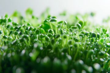 Create a photorealistic close-up of vibrant broccoli sprouts on a pristine white background Focus on intricate textures and vivid green hues.,