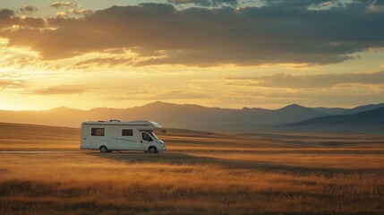 Fototapeta premium camping car driving through a beautiful landscape a sunny morning