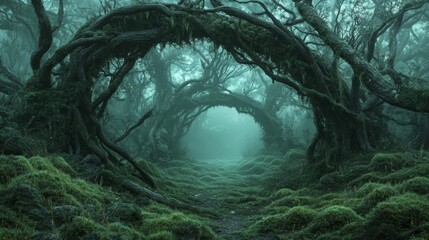 Mysterious Foggy Path Through a Moss-Covered Forest