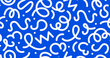 White and blue squiggle line pattern. Vector abstract background with seamless geometric shapes ornament of kids birthday party confetti, creative scribbles, waves and zigzags. Color squiggle pattern