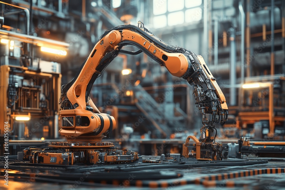Aufkleber Design a dynamic and engaging scene of a human and robot working together in an industrial setting, emphasizing collaboration, with a focus on detailed mechanical elements