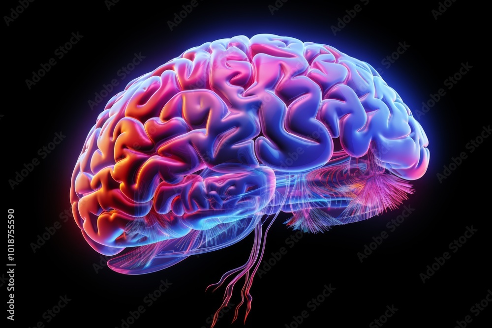 Poster Design a frontal view of a dynamic human brain highlighting diverse neurological experiences, set against a sleek white background, using vivid digital techniques.