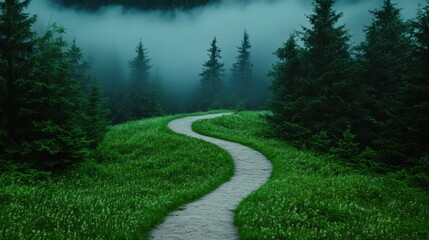 Fototapeta premium A winding path disappears into the dense woods, its edges veiled in a thick fog that clings to the ground, shrouding the surrounding landscape in mystery.