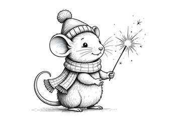 Cute mouse in a knitted hat and scarf holding a sparkler in his hand, linear black and white drawing