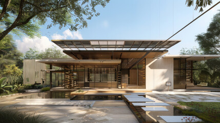 A modern art studio powered by solar energy, with sleek, sustainable architecture and creative visuals. Clean, artistic tone with a bright atmosphere.