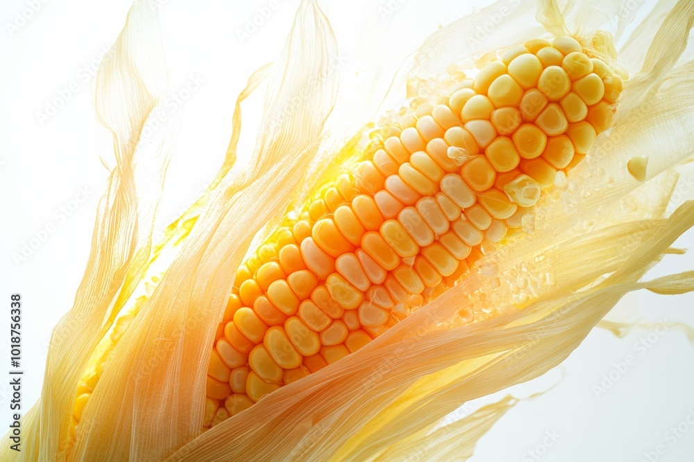 Aufkleber fresh corn cob with bright yellow kernels gleaming on solid white background, single object.