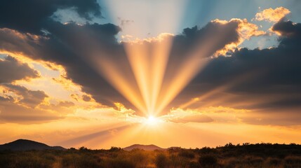 Fototapeta premium A dramatic interplay of light and shadow as the sun dips below the horizon, casting long shadows across a landscape dominated by dramatic clouds.