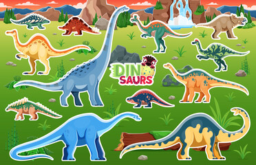 Dinosaur stickers, funny dino and Jurassic lizards in jungles park, vector cartoon background. Kids dinosaur prehistoric reptile stickers collection with arrhinocerpators, hypacrosaurus, panoplosaurus