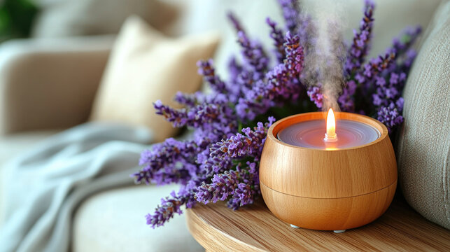 A soothing ambiance is created in a living room with a glowing candle beside a bouquet of lavender flowers, inviting relaxation