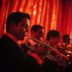 Obraz premium salsa music group, trumpeter, bongo players, people playing instruments