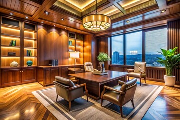 Elegant luxury wood paneled office interior featuring modern furnishings and ambient lighting design